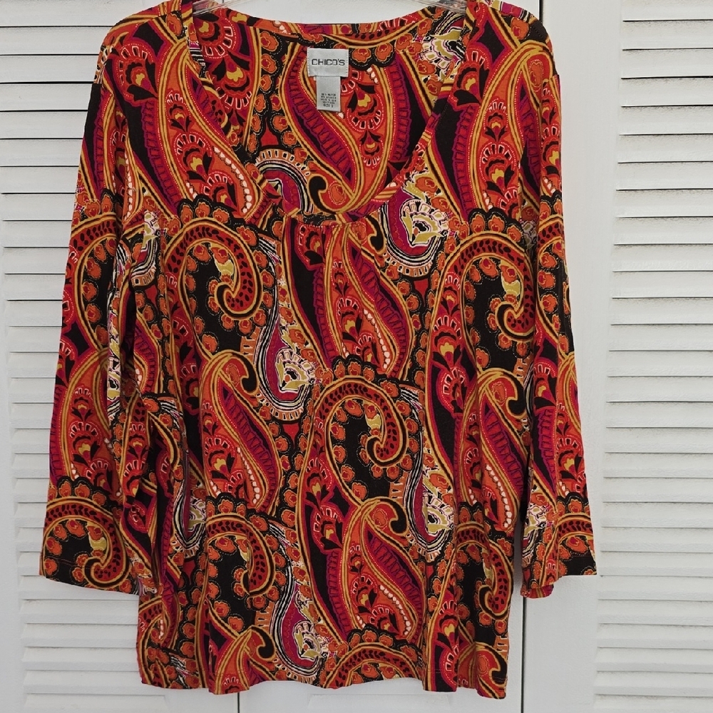 Chico's Vibrant Paisley Blouse - Red, Orange, Black